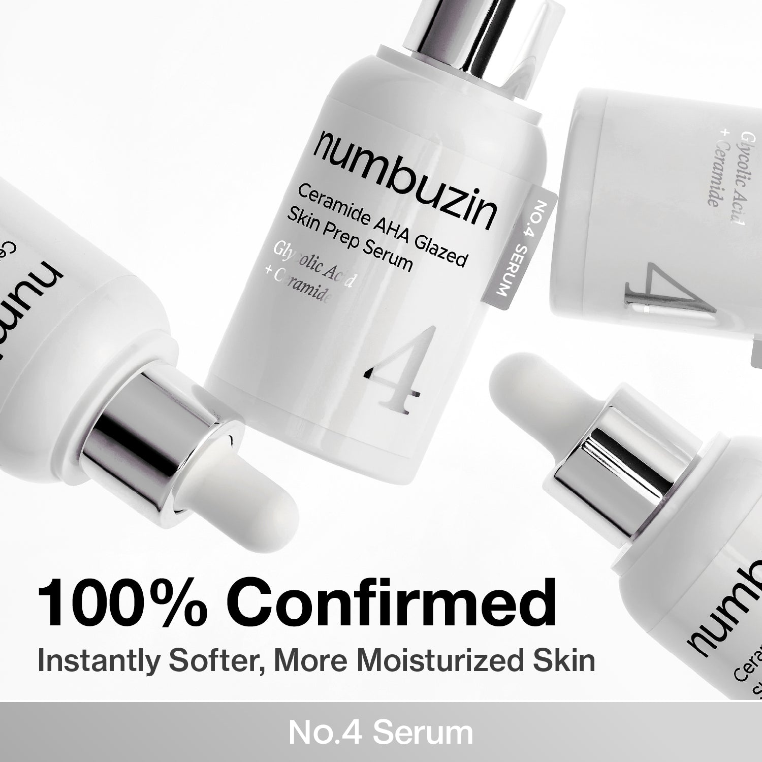 Numbuzin No.4 Ceramide AHA Glazed Skin Prep Serum in a clear bottle with dropper, showing the serum's smooth texture.