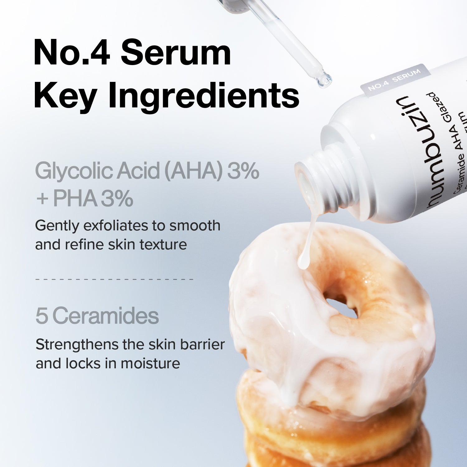 Numbuzin No.4 Ceramide AHA Glazed Skin Prep Serum bottle showing serum texture and packaging.