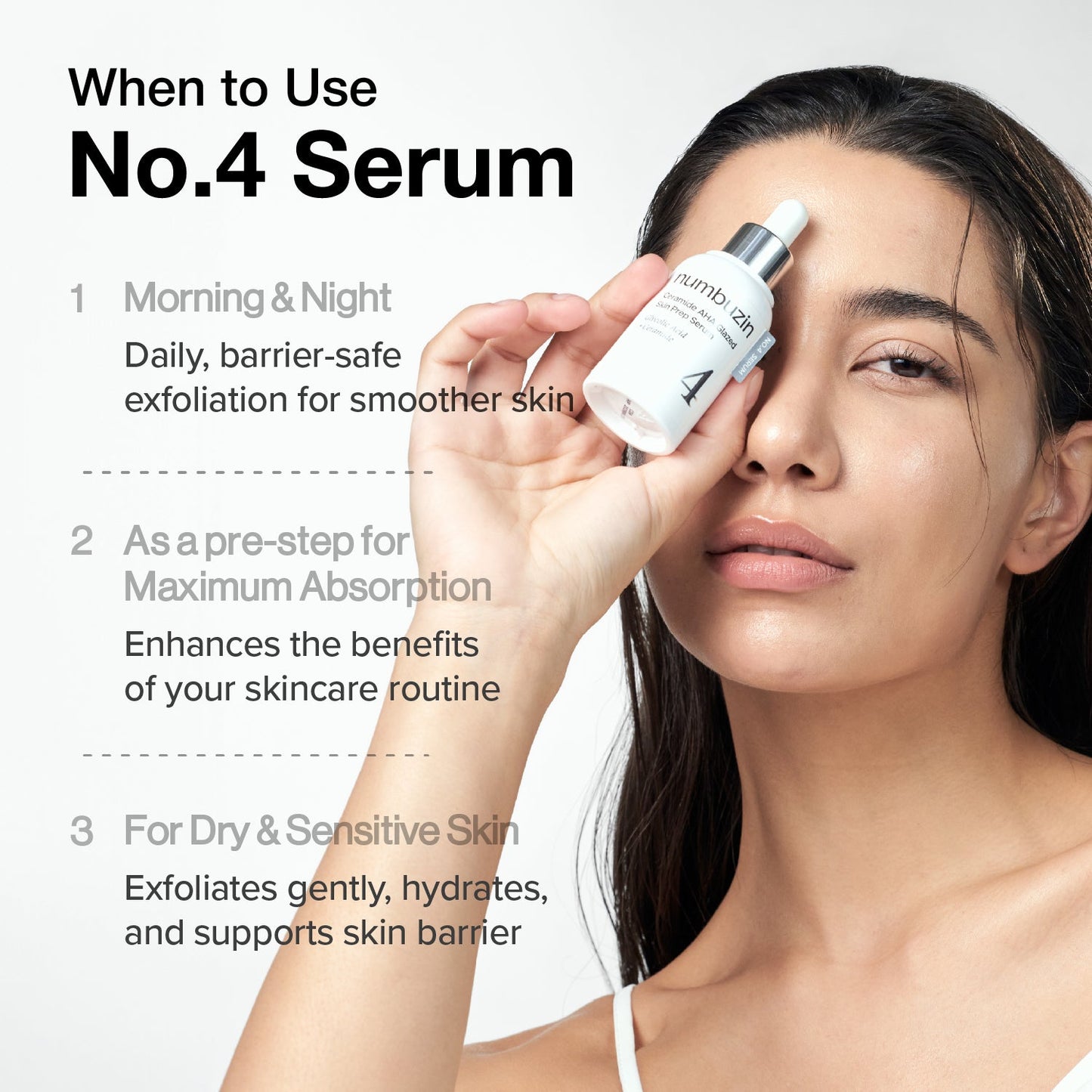 Numbuzin No.4 Ceramide AHA Glazed Skin Prep Serum in a clear glass bottle with dropper applicator, designed for skincare preparation.