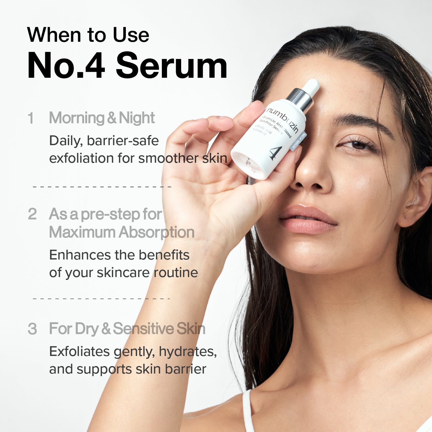 Numbuzin No.4 Ceramide AHA Glazed Skin Prep Serum in a clear glass bottle with dropper applicator, designed for skincare preparation.