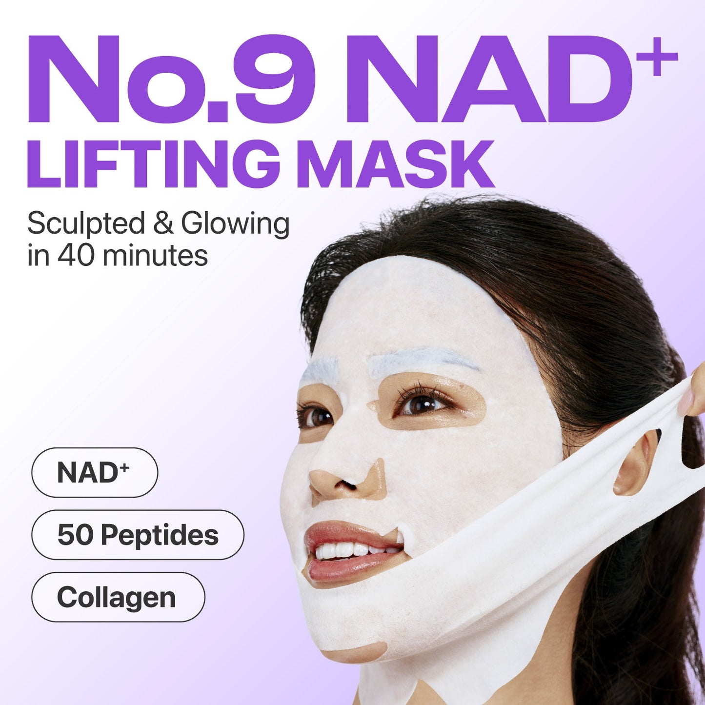 Numbuzin No.9 NAD+ BIO Lifting-sil full face sheet mask with lifting band, shown on a face with the mask applied.