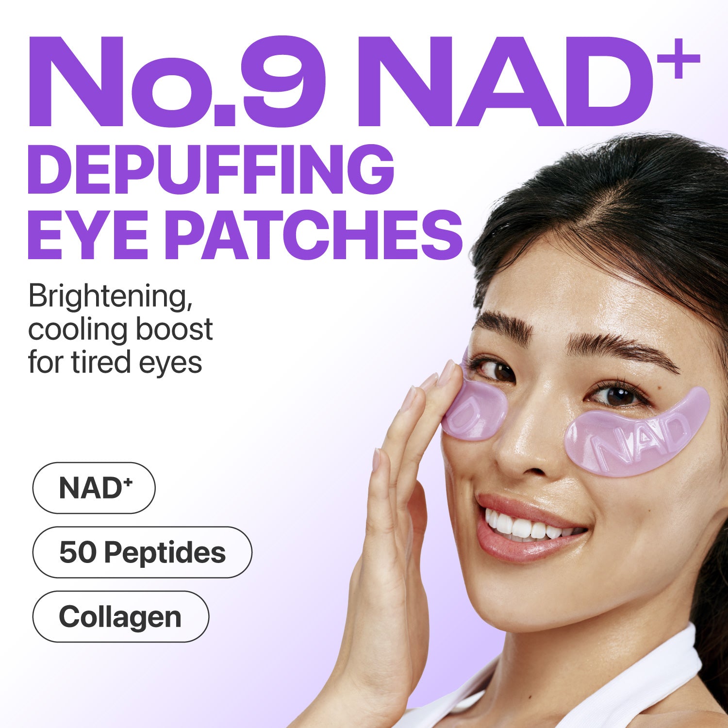 Numbuzin No.9 NAD+ Collagen Under Eye Patches in a box, showing five pairs of special treatment eye patches with collagen and NAD+ ingredients.