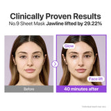 Numbuzin No.9 NAD+ BIO Lifting-sil full face sheet mask with lifting band, four sheet masks for facial rejuvenation and skin firming.