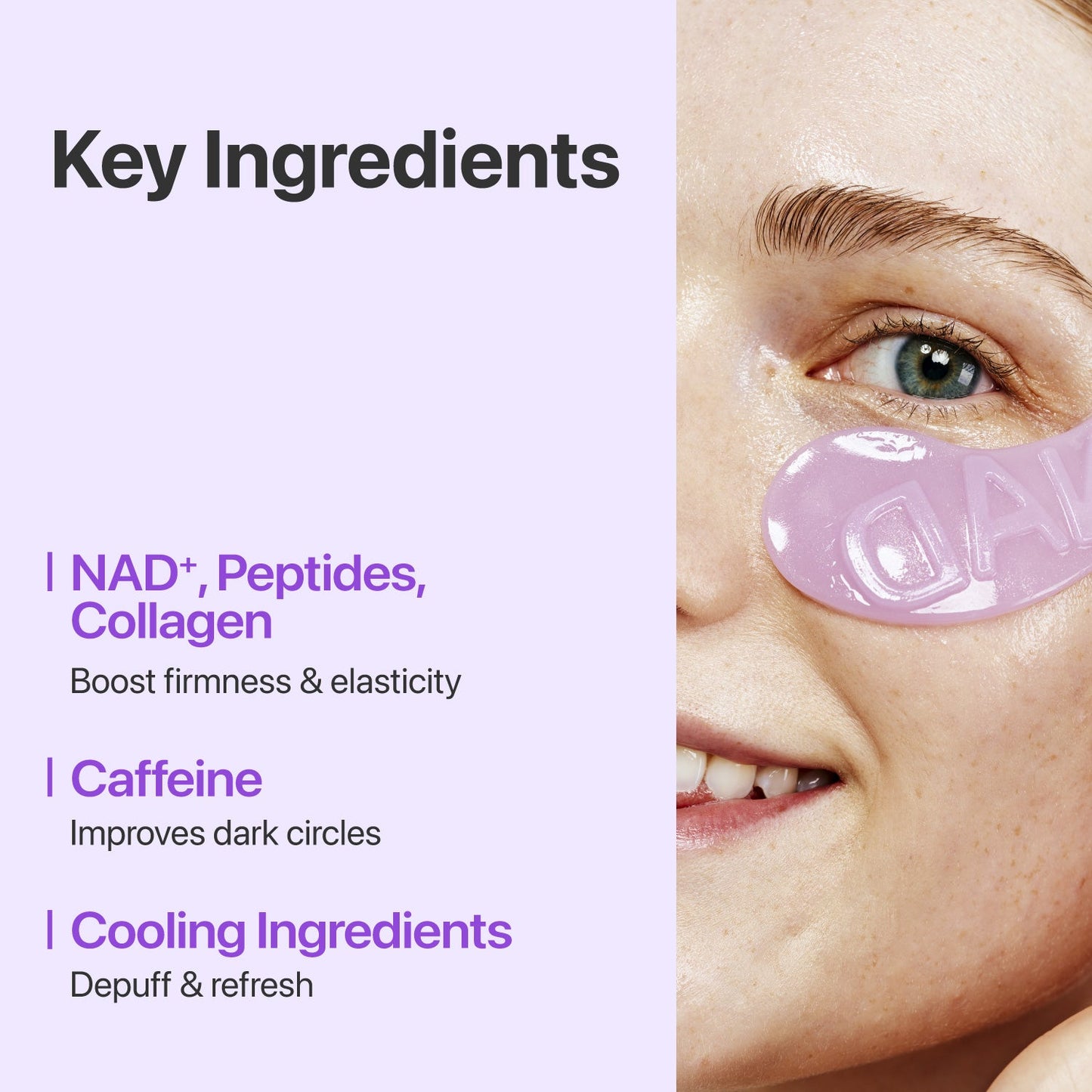 Numbuzin No.9 NAD+ Collagen Under Eye Patches in a box, showing five pairs of special treatment eye masks with collagen and NAD+ for rejuvenation.