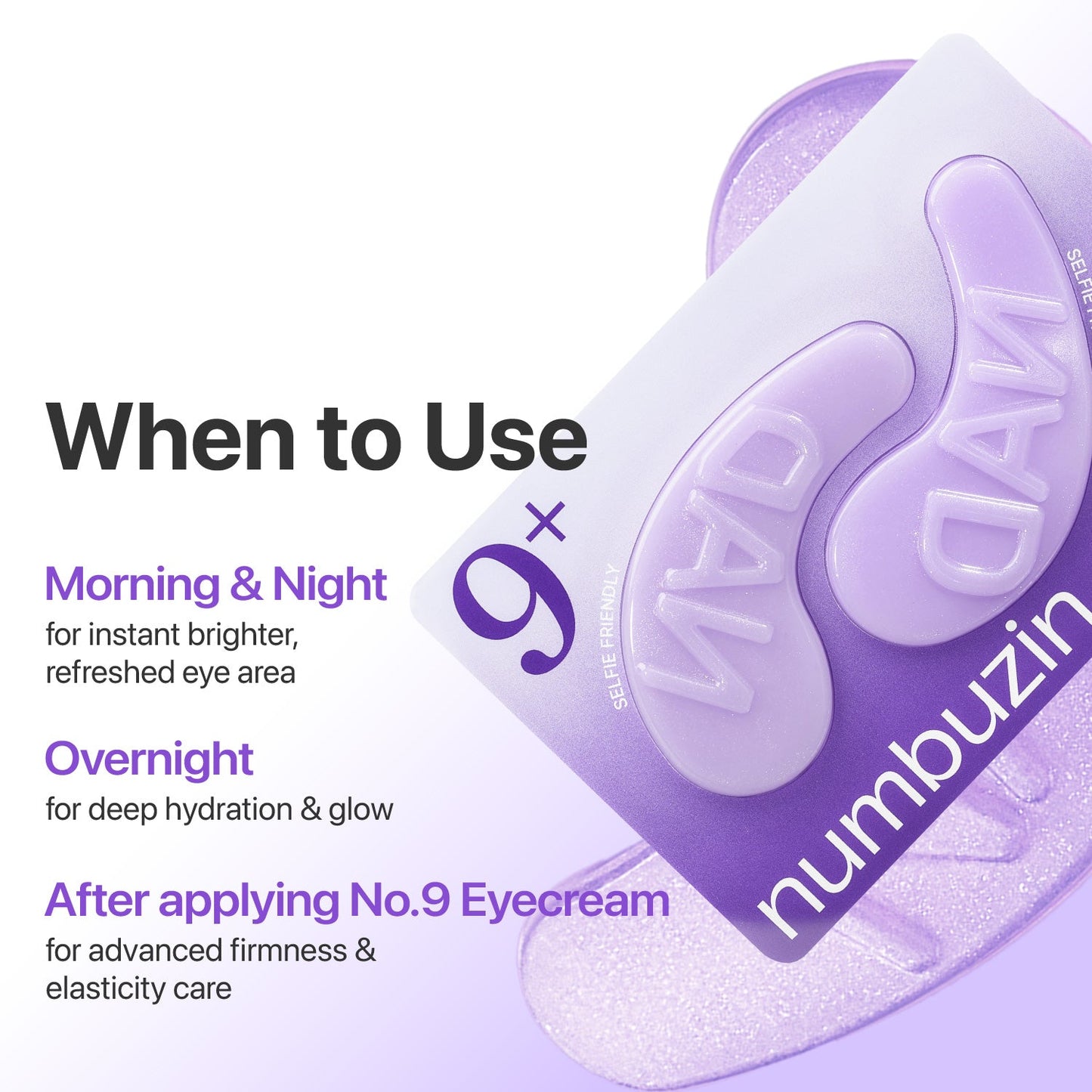 Numbuzin No.9 NAD+ Collagen Under Eye Patches, special treatment for under-eye care, shown in a close-up image.