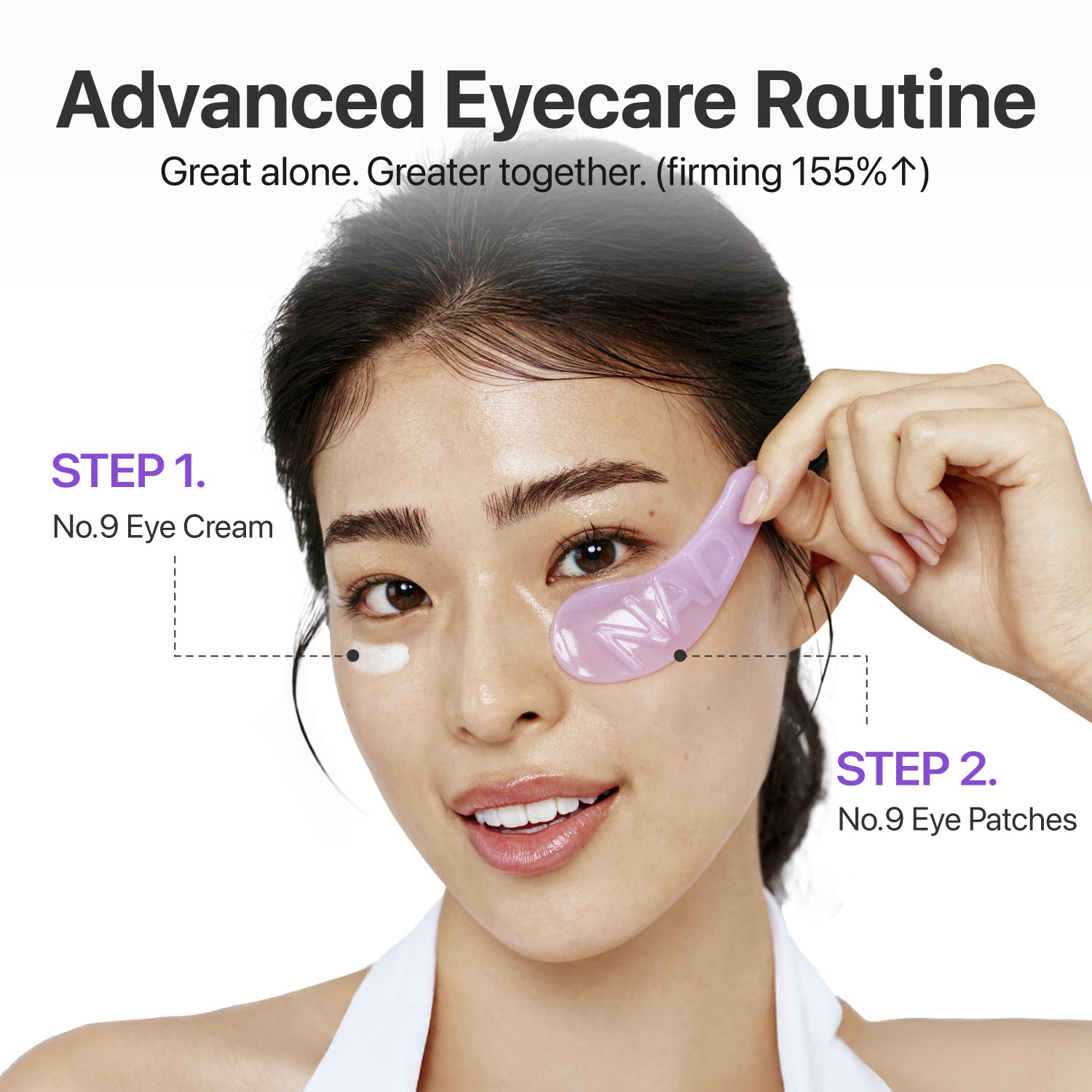 Numbuzin No.9 NAD+ Collagen Under Eye Patches for anti-aging, shown on under-eye area in a special treatment product image.