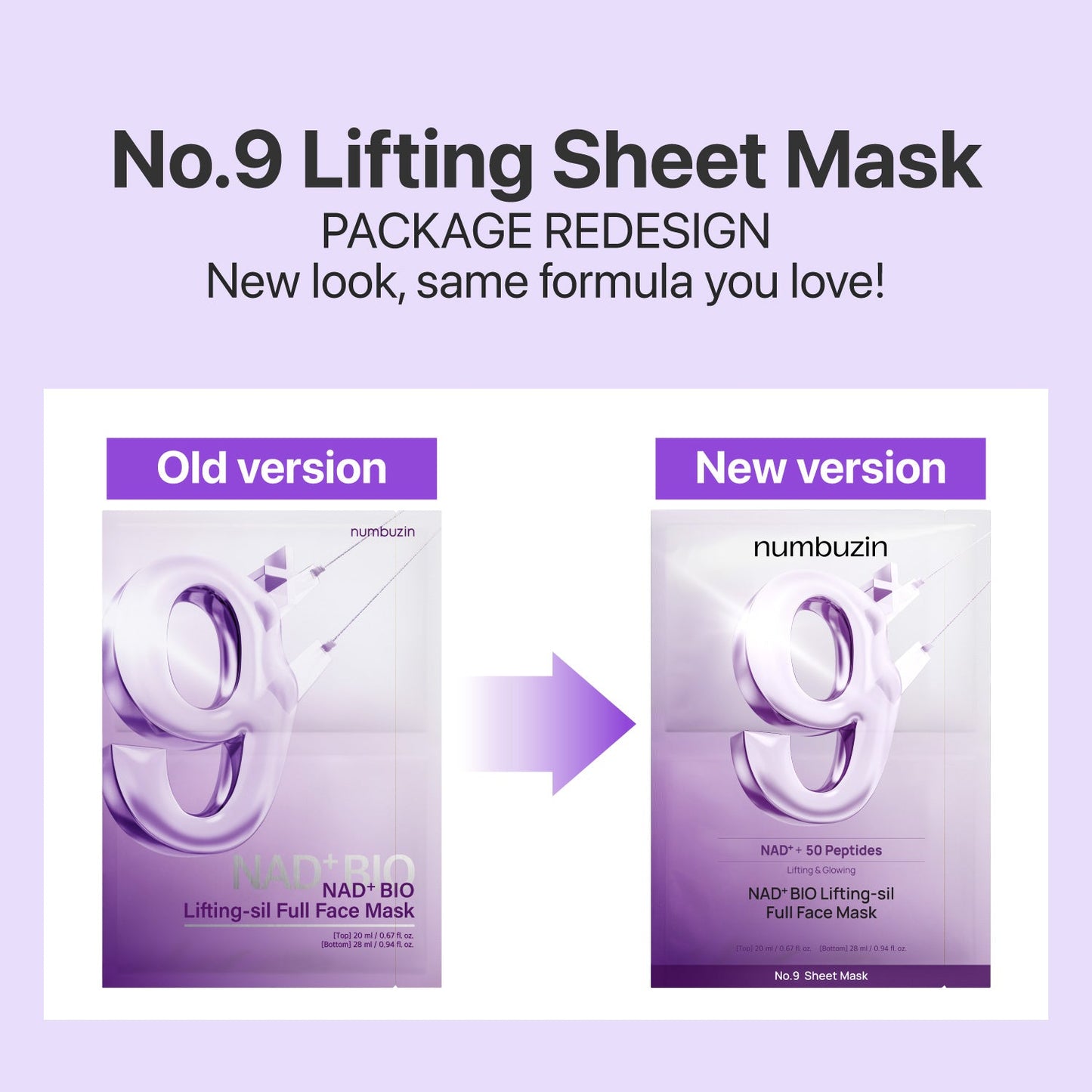 Numbuzin No.9 NAD+ BIO Lifting-sil full face sheet mask with lifting band, designed for skin rejuvenation and firming.