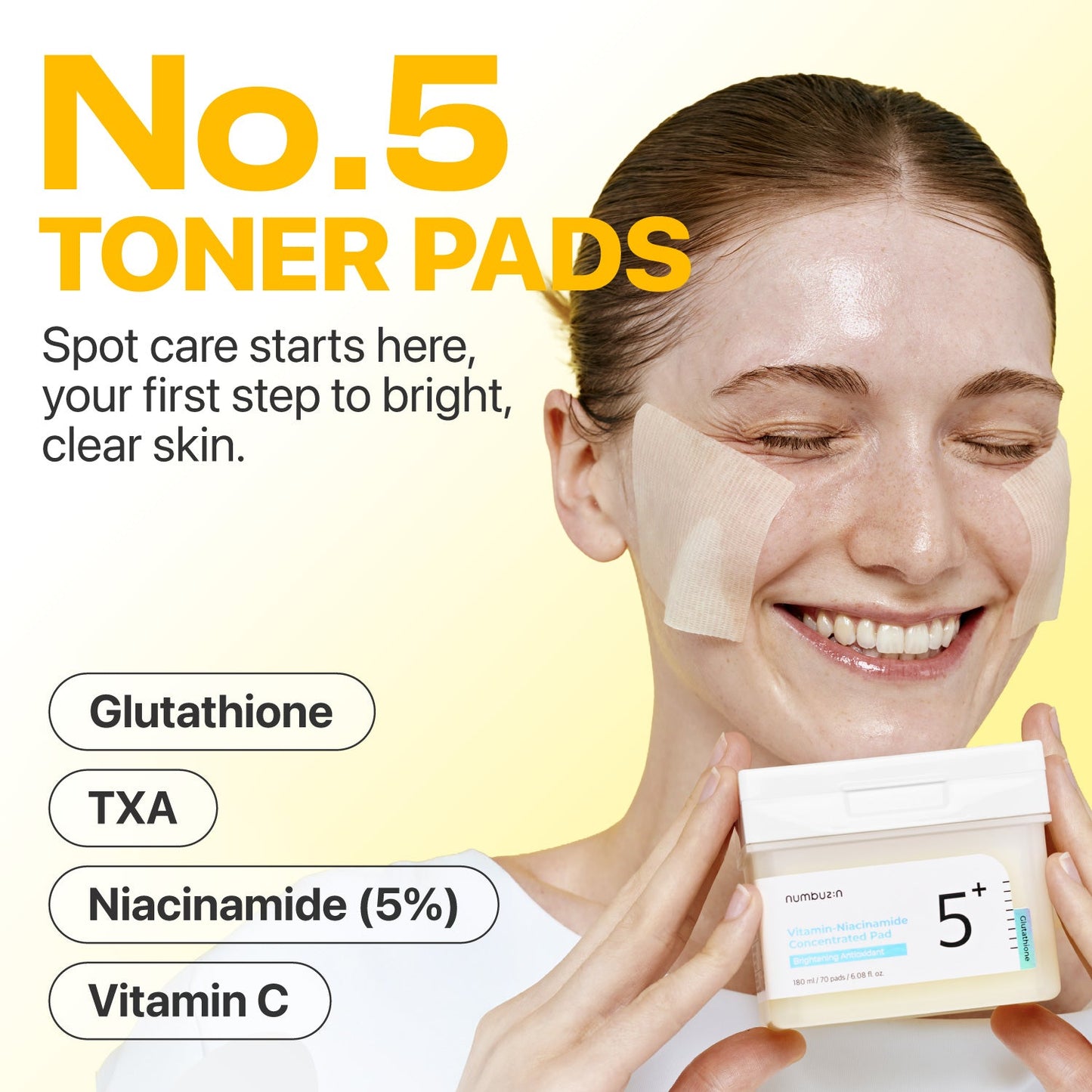 Numbuzin No.5 Vitamin-Niacinamide Concentrated Toner Pads showing a stack of round toner pads with branding and packaging.