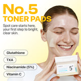 Numbuzin No.5 Vitamin-Niacinamide Concentrated Toner Pads showing a stack of round toner pads with branding and packaging.