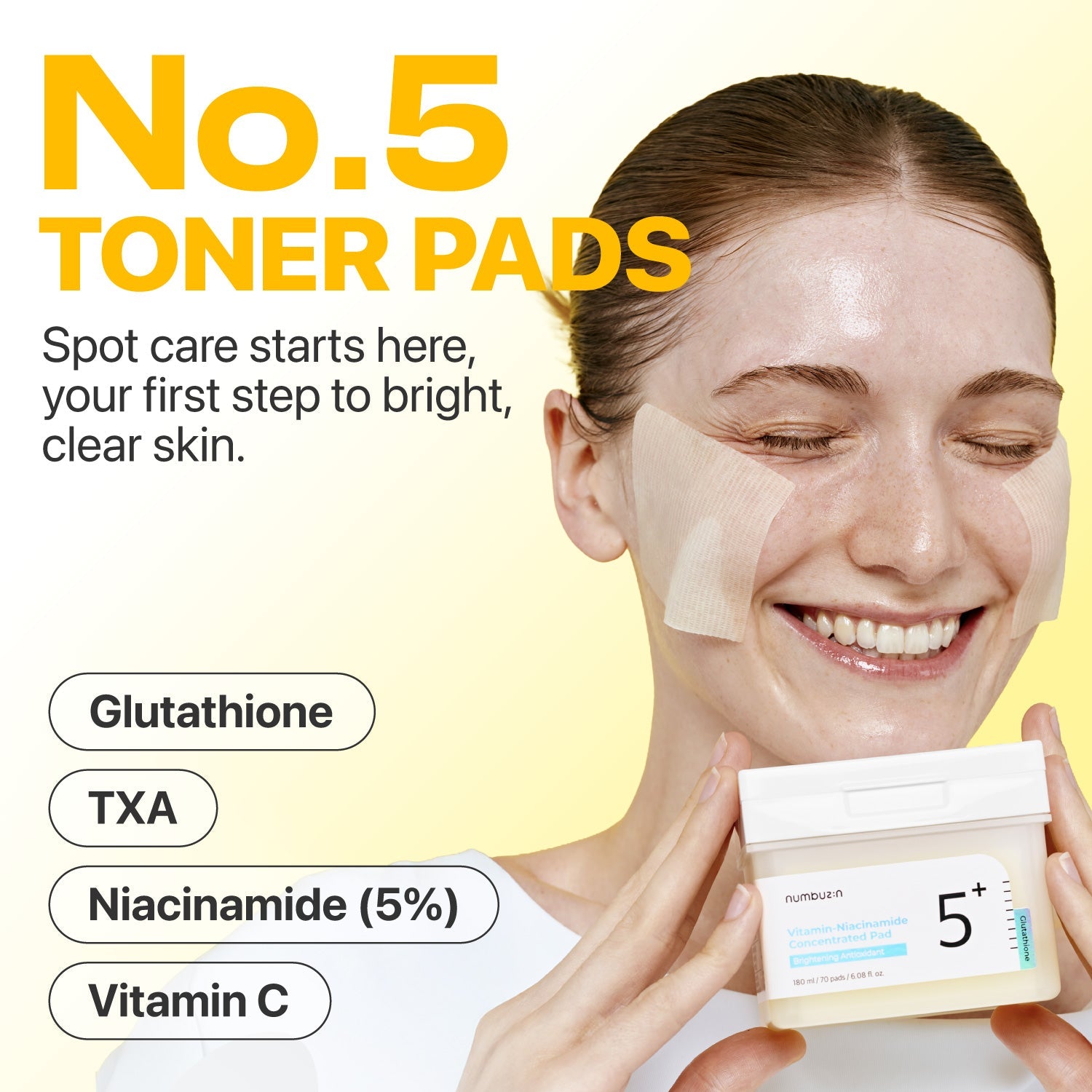 Numbuzin No.5 Vitamin-Niacinamide Concentrated Toner Pads showing a stack of round toner pads with branding and packaging.