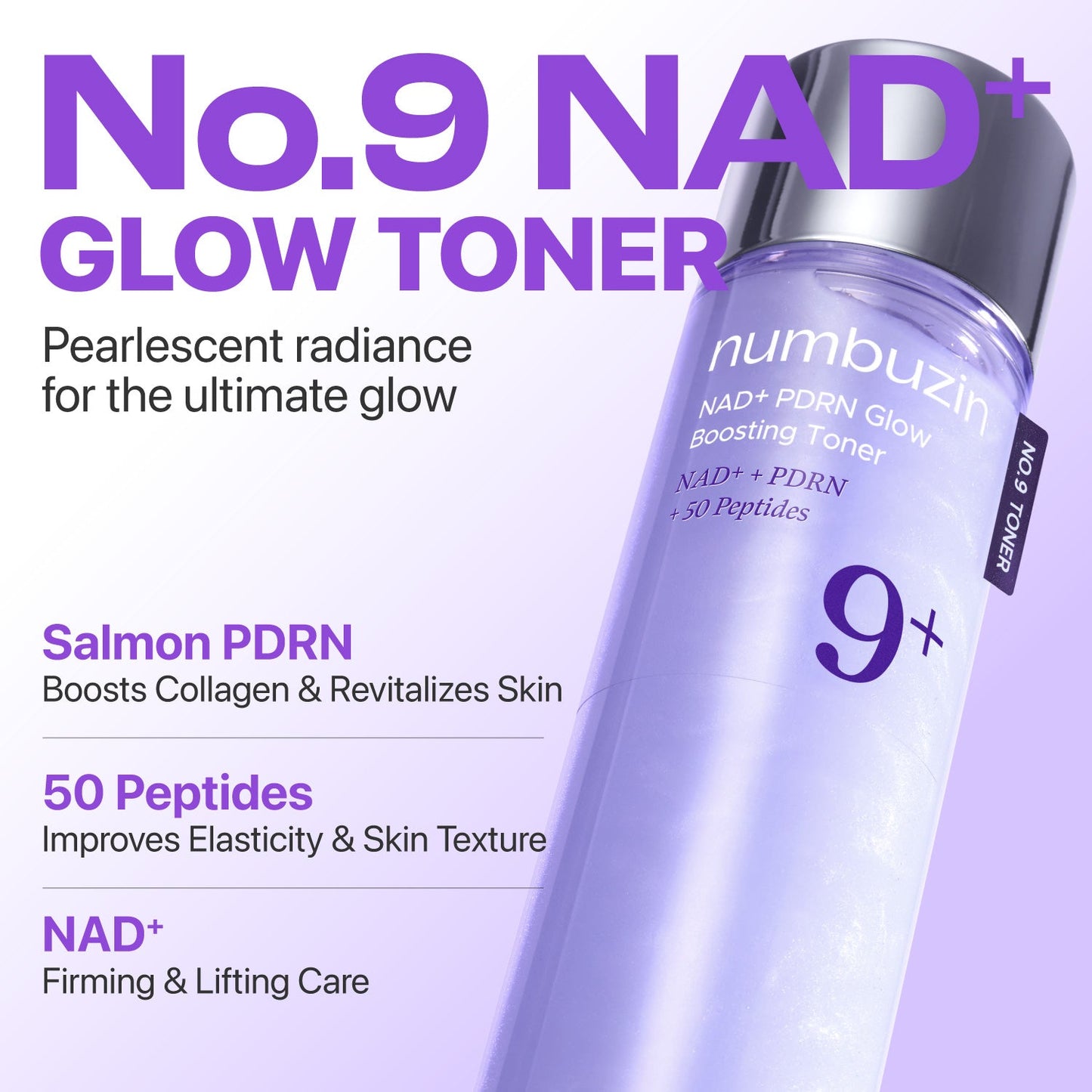 Numbuzin No.9 NAD+ PDRN Glow Boosting Toner in clear bottle with pump dispenser, showcasing its brightening skincare formula.