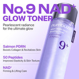 Numbuzin No.9 NAD+ PDRN Glow Boosting Toner in clear bottle with pump dispenser, showcasing its brightening skincare formula.