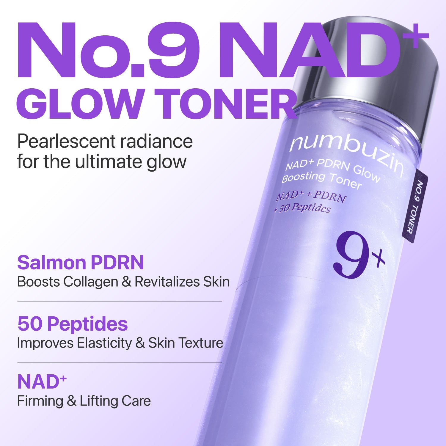 Numbuzin No.9 NAD+ PDRN Glow Boosting Toner in clear bottle with pump dispenser, showcasing its brightening skincare formula.