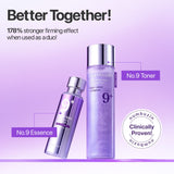 Numbuzin No.9 NAD+ PDRN Glow Boosting Toner bottle with clear liquid, minimalist label, and white cap, on a white background.