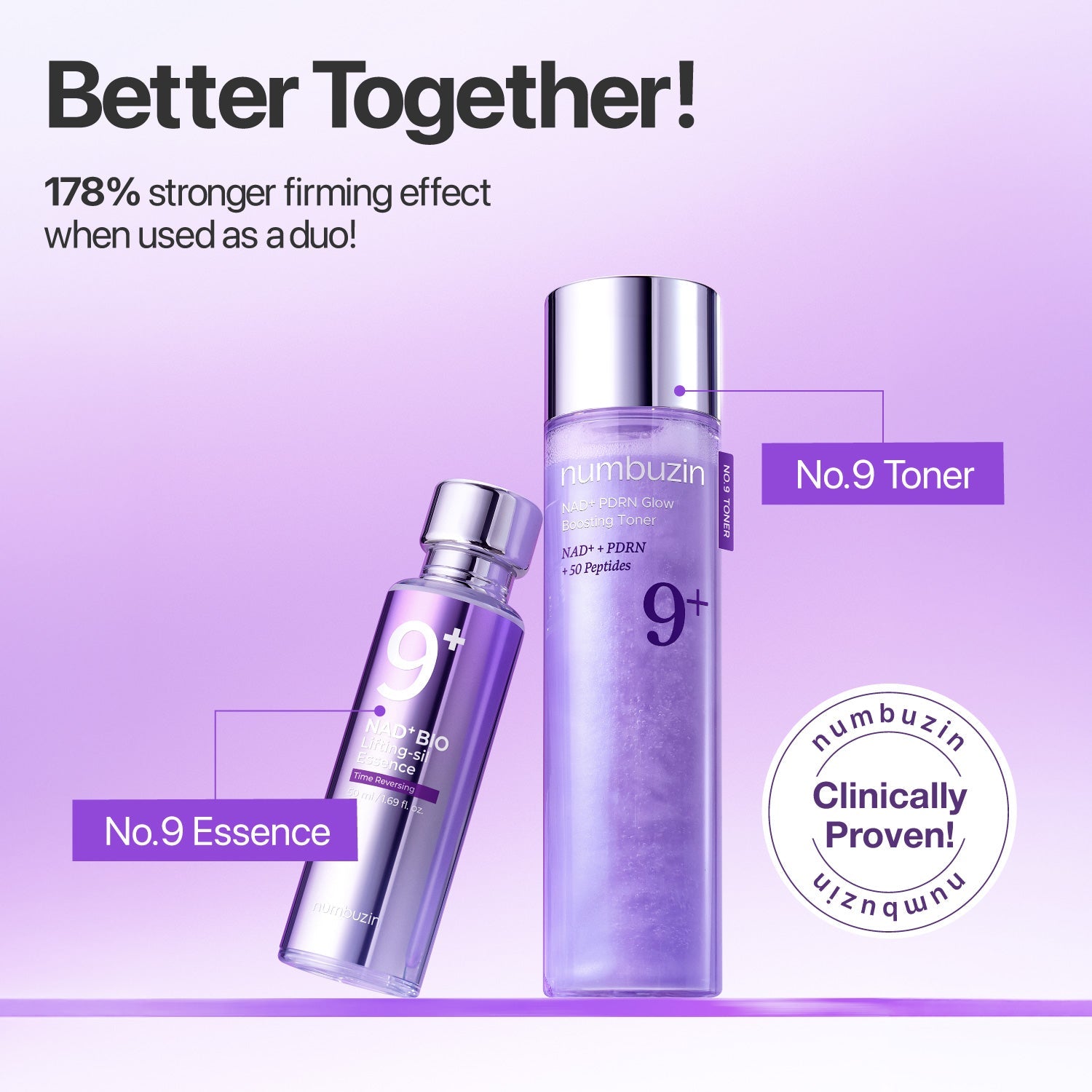 Numbuzin No.9 NAD+ PDRN Glow Boosting Toner bottle with clear liquid, minimalist label, and white cap, on a white background.