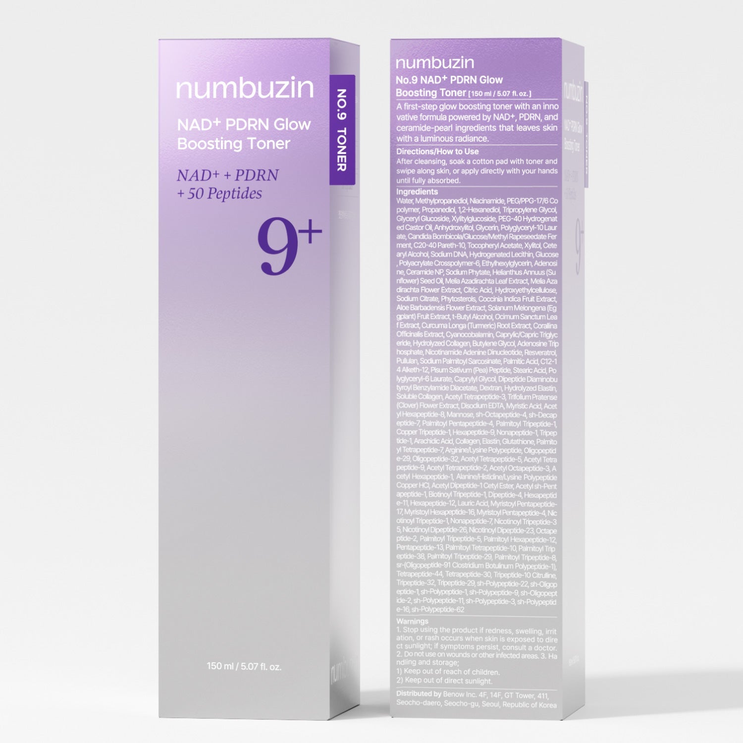 Numbuzin No.9 NAD+ PDRN glow boosting toner bottle with label and clear liquid inside, displayed against a neutral background.
