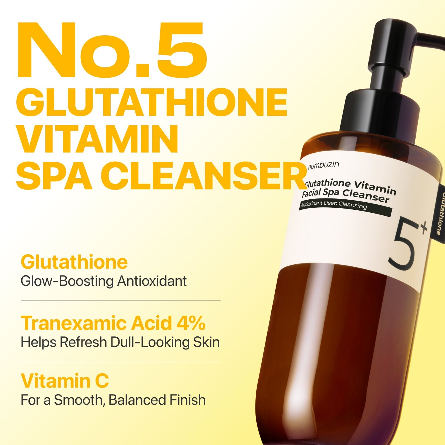 Numbuzin No.5 Glutathione C Facial Spa Cleansing Oil bottle and pump for gentle skin cleansing and brightening.