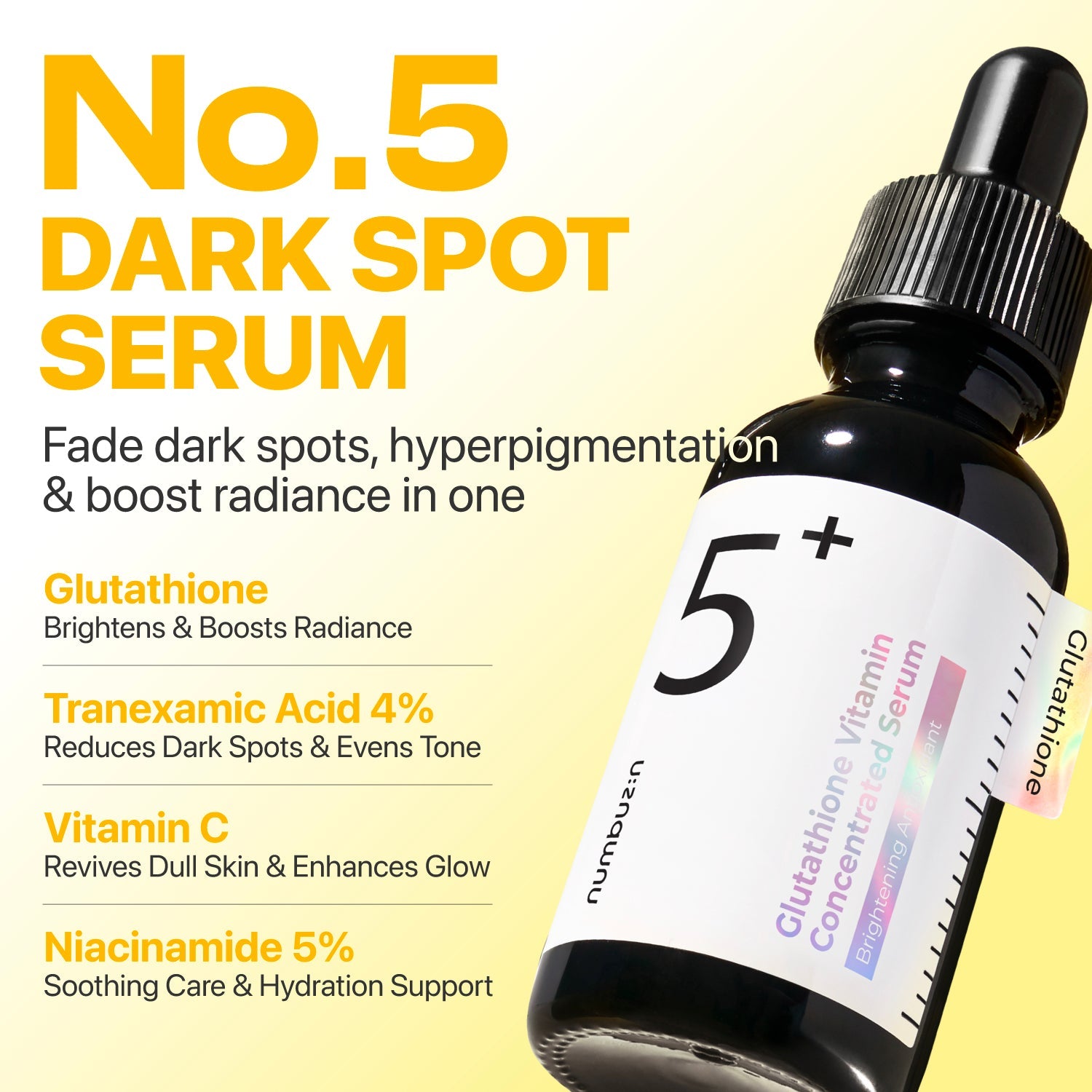 Numbuzin No.5+ Glutathione Vitamin Serum bottle with dropper for brightening and skin brightening skincare routine
