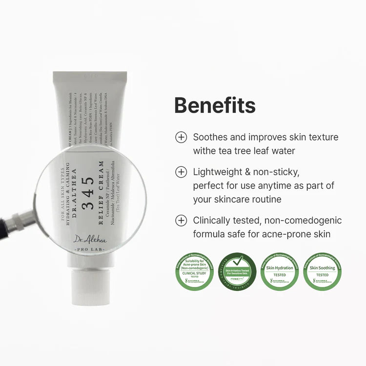 Dr.Althea 345 Relief Cream in a jar, smooth creamy texture for soothing skin relief, branded skincare product.
