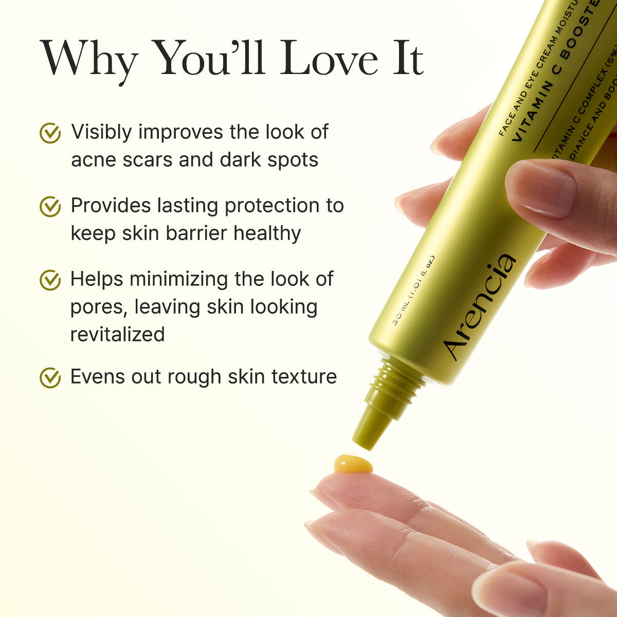 Arencia skincare product with text highlighting its benefits on a white background