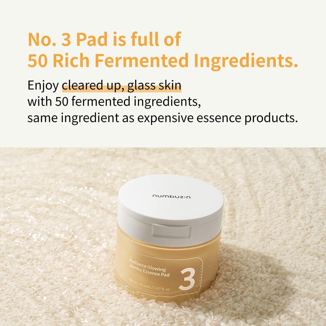 Numbuzin No.3 Radiance Glowing Jumbo Essence Pads, toner pads for brightening and hydrating skin.