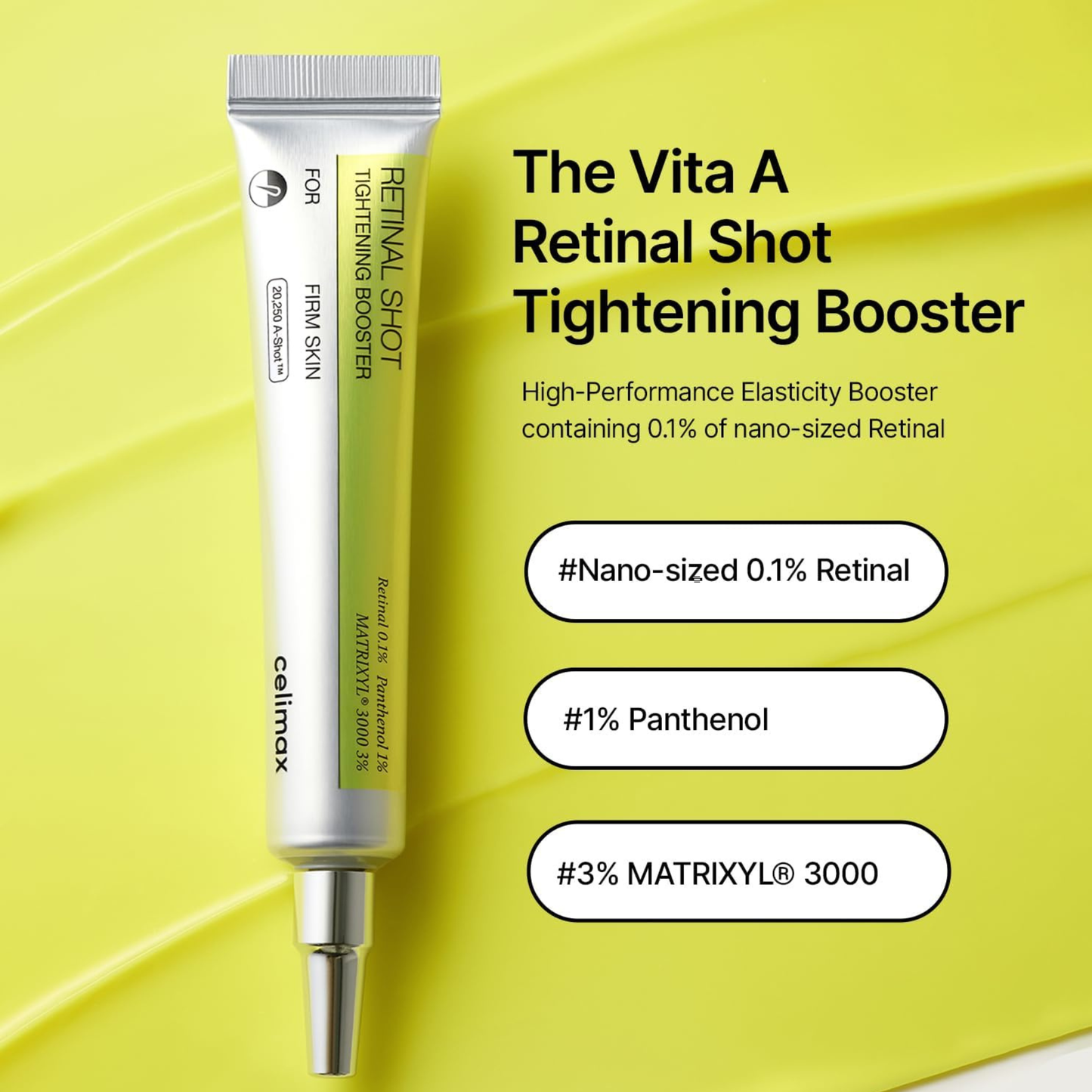 Celimax Retinal Tightening Booster for pore clearing, anti-wrinkle, and pore care, featuring a dropper bottle with serum inside.