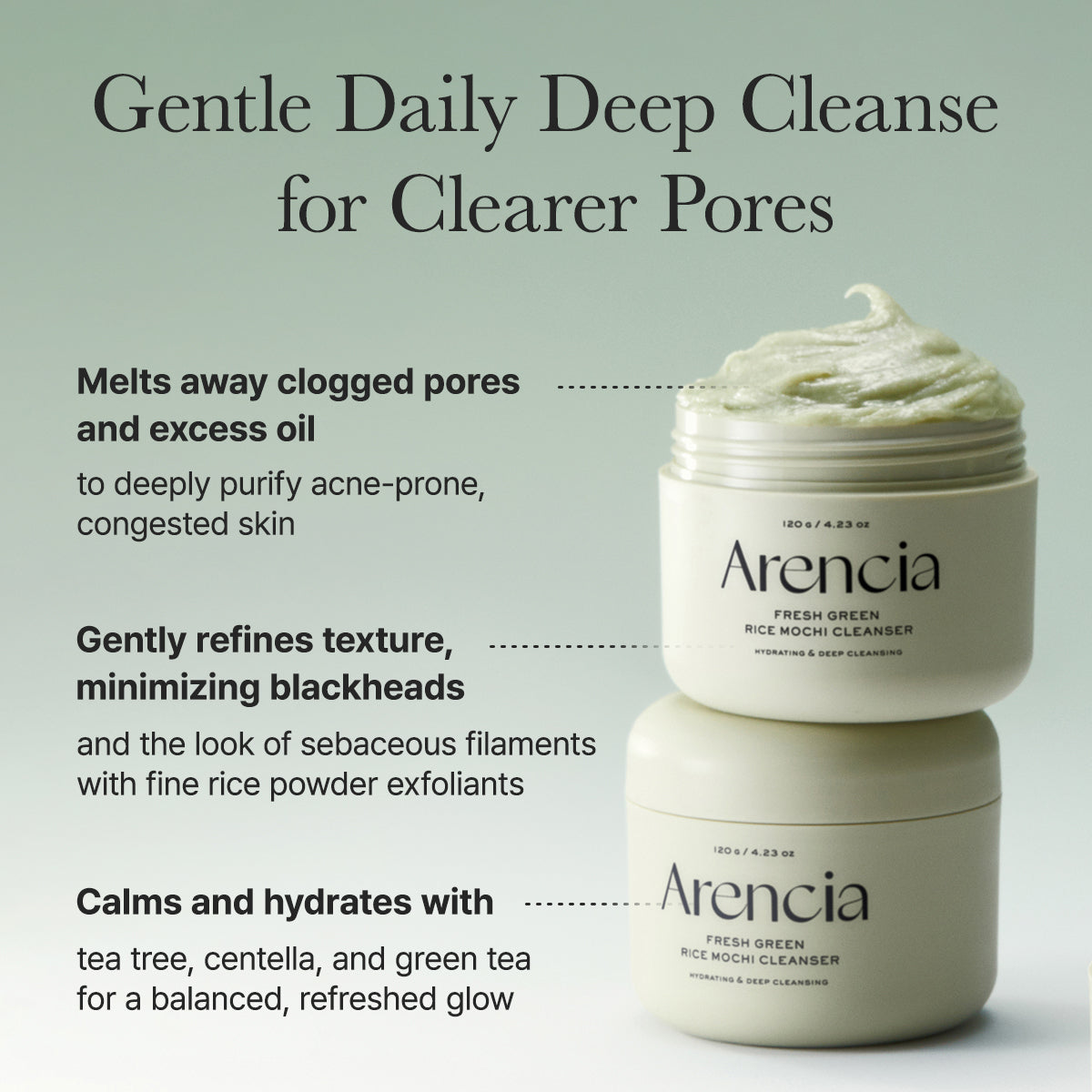 Arencia Fresh Green Rice Mochi Cleanser for face care, showing the creamy green rice-based cleansing product in a clear bottle.