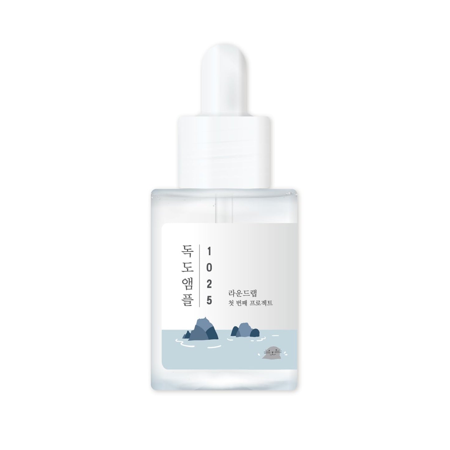ROUND LAB 1025 Dokdo Ampoule 45g, clear glass bottle with dropper, containing nourishing serum for skin hydration and repair.