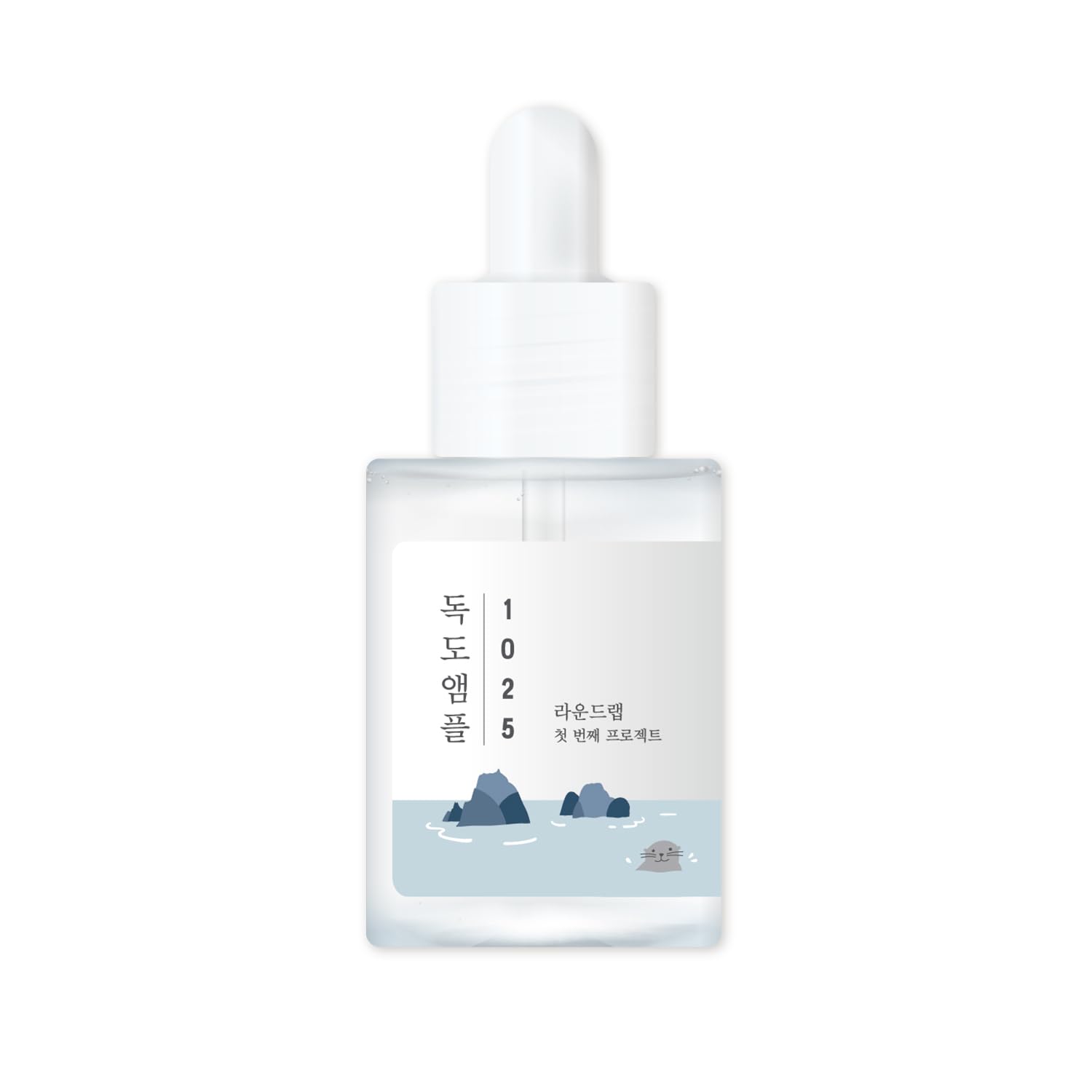 ROUND LAB 1025 Dokdo Ampoule 45g, clear glass bottle with dropper, containing nourishing serum for skin hydration and repair.