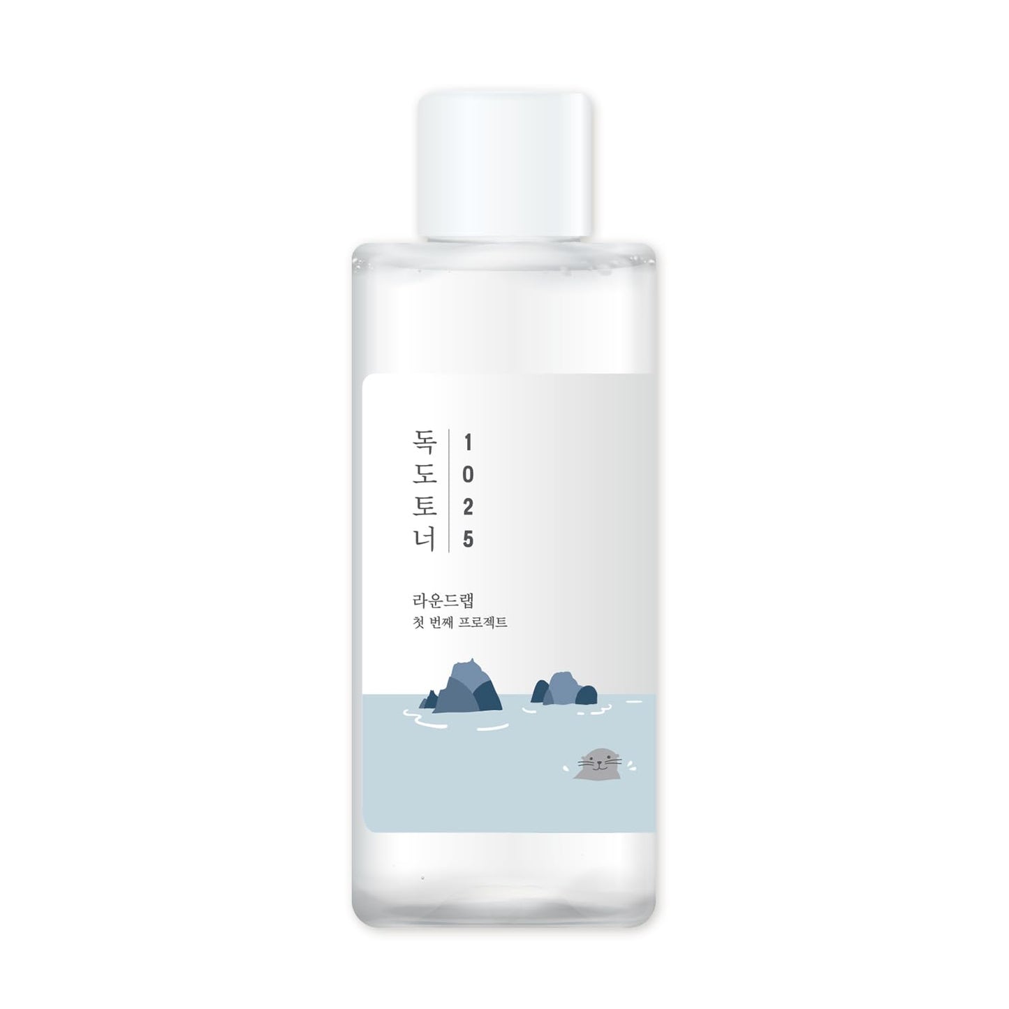 ROUND LAB 1025 Dokdo Toner in a clear 200ml bottle, featuring minimalist design and transparent liquid inside.
