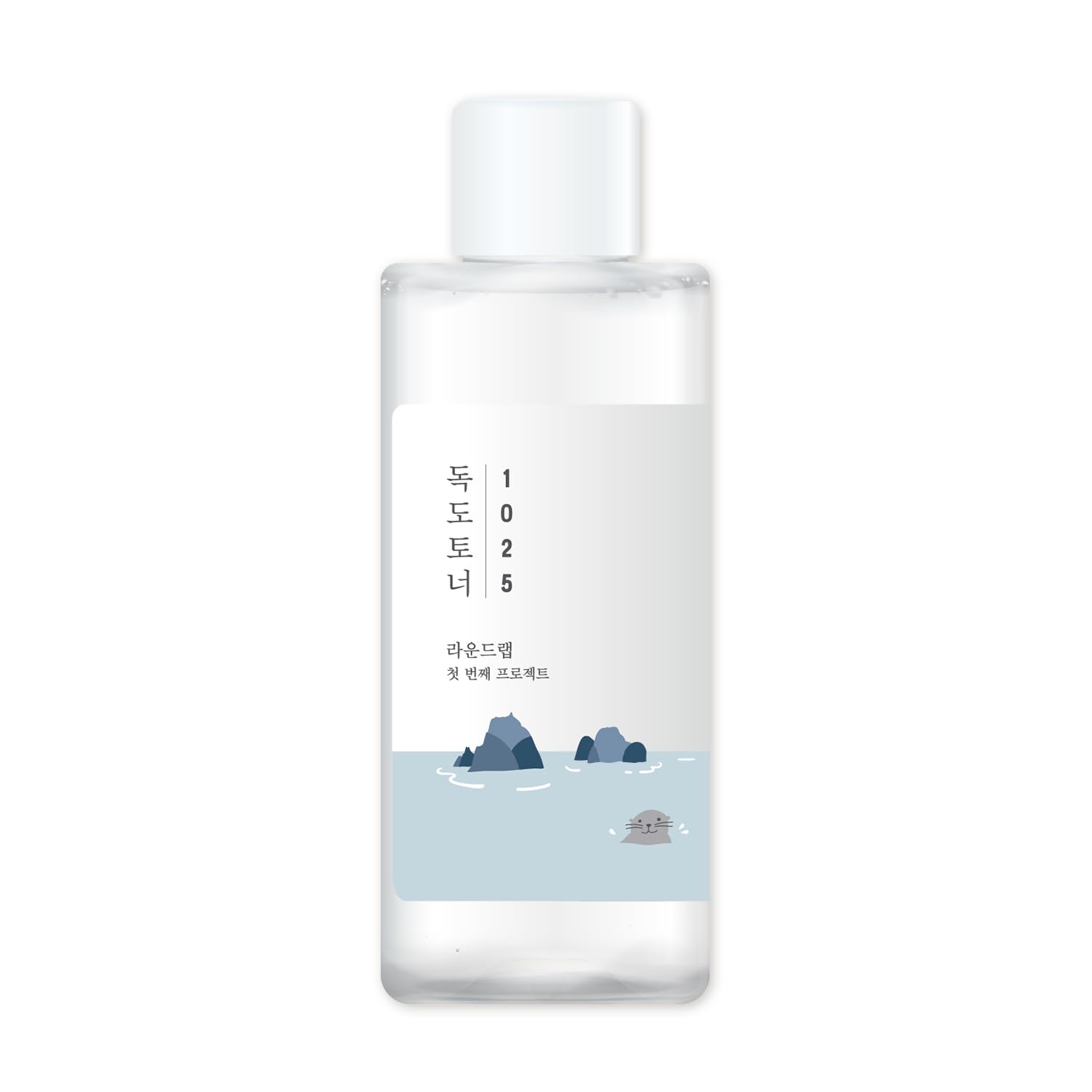 ROUND LAB 1025 Dokdo Toner in a clear 200ml bottle, featuring minimalist design and transparent liquid inside.