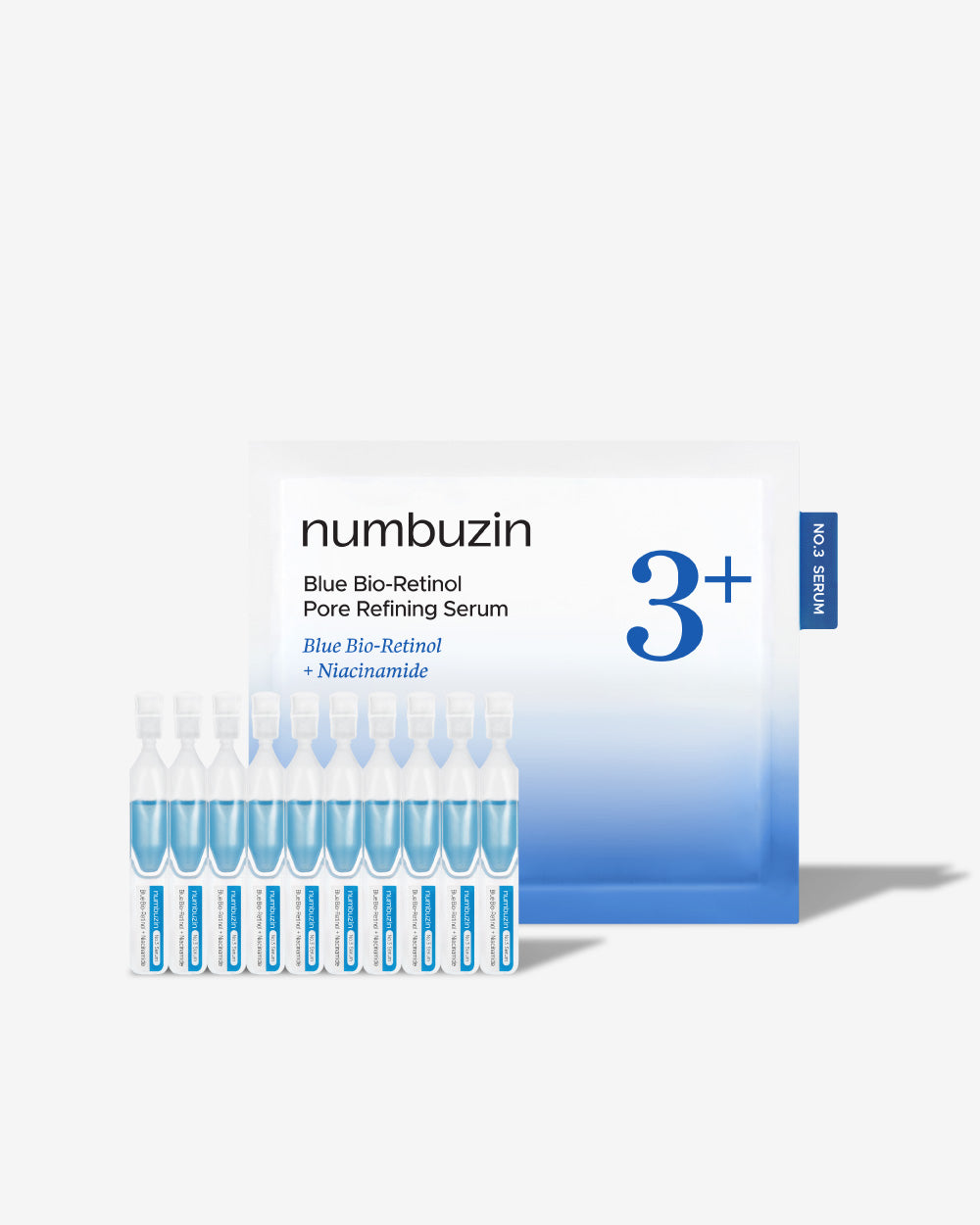 Numbuzin No.3 Blue Bio-Retinol Pore Refining Serum in a clear glass bottle with a dropper, designed for smooth, refined skin.