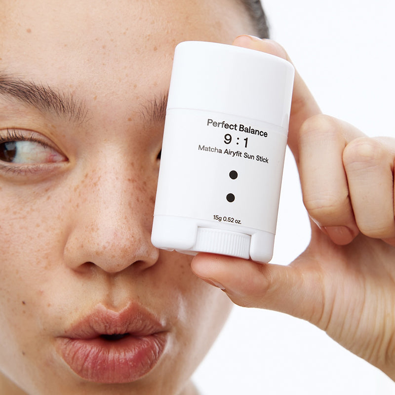 B : Lab Matcha Airyfit Sun Stick SPF50+ PA++++ sunscreen stick with green tea extract for UV protection.