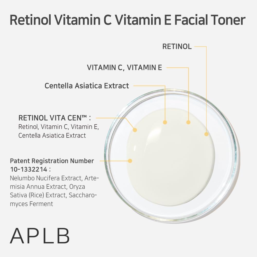 APLB Retinol, Vitamin C, and E facial toner in a clear bottle with a white cap, showing the product label and liquid inside.