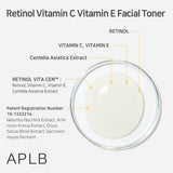 APLB Retinol, Vitamin C, and E facial toner in a clear bottle with a white cap, showing the product label and liquid inside.
