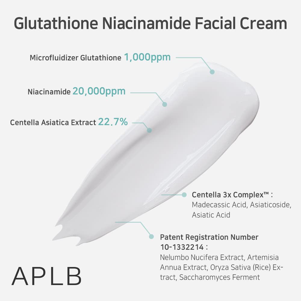 APLB Glutathione Niacinamide Facial Cream in 510g jar, showing creamy texture and packaging for brightening skin care.