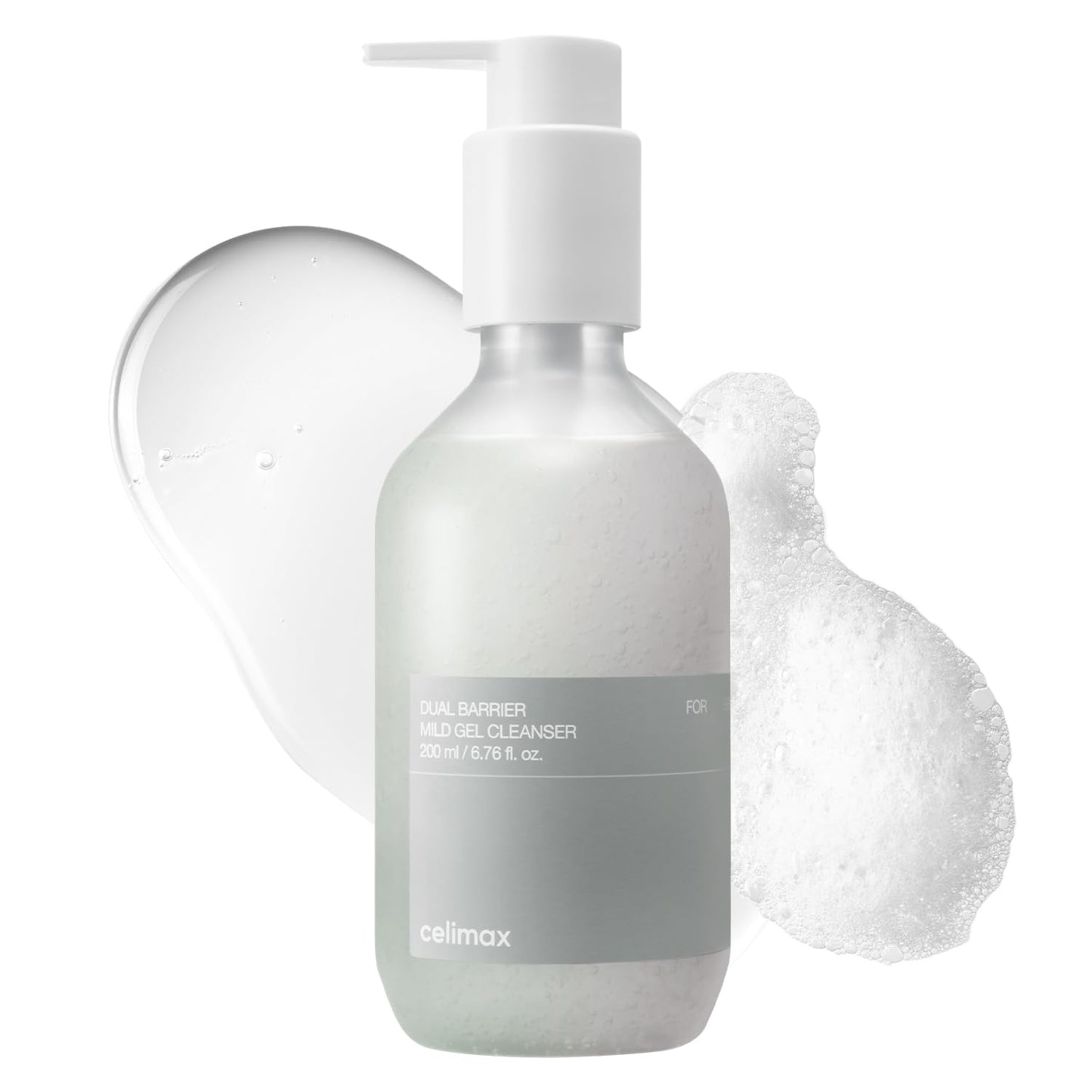 Celimax Dual Barrier Mild Gel Cleanser with Ceramide showing the transparent gel in a clear bottle