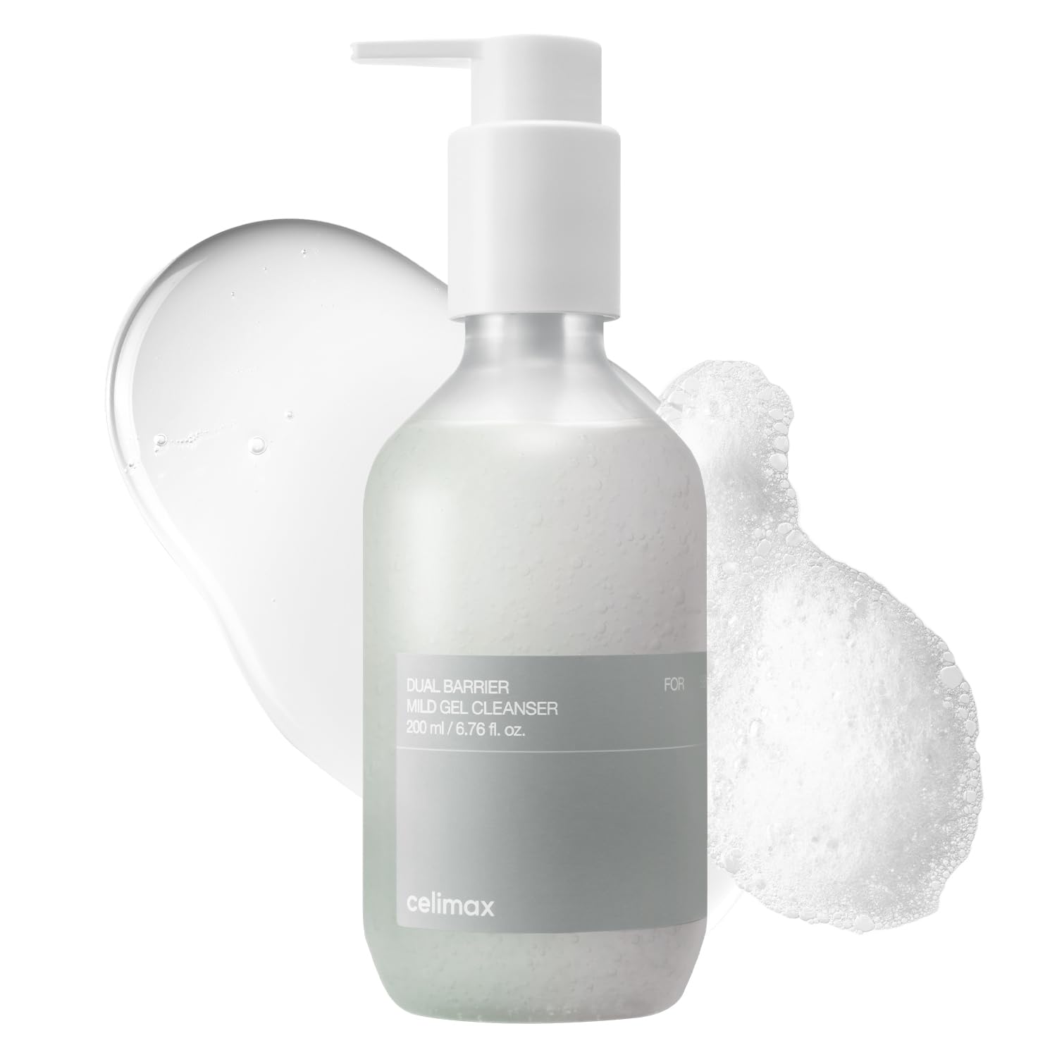 Celimax Dual Barrier Mild Gel Cleanser with Ceramide showing the transparent gel in a clear bottle