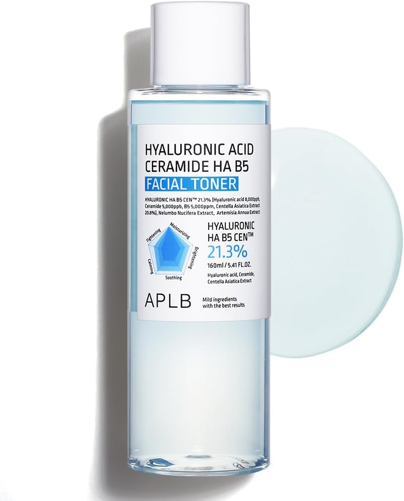 APLB Hyaluronic Acid Ceramide HA B5 Facial Toner bottle with label, clear liquid visible, designed for hydrating and soothing skin.