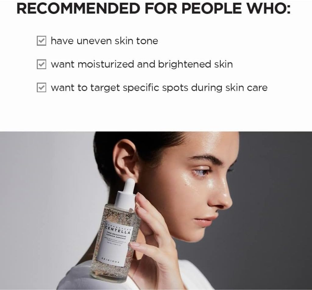 SKINZA Madagascar Centella Tone Brightening Ampoule bottle with label, featuring a clear glass container and bright packaging.