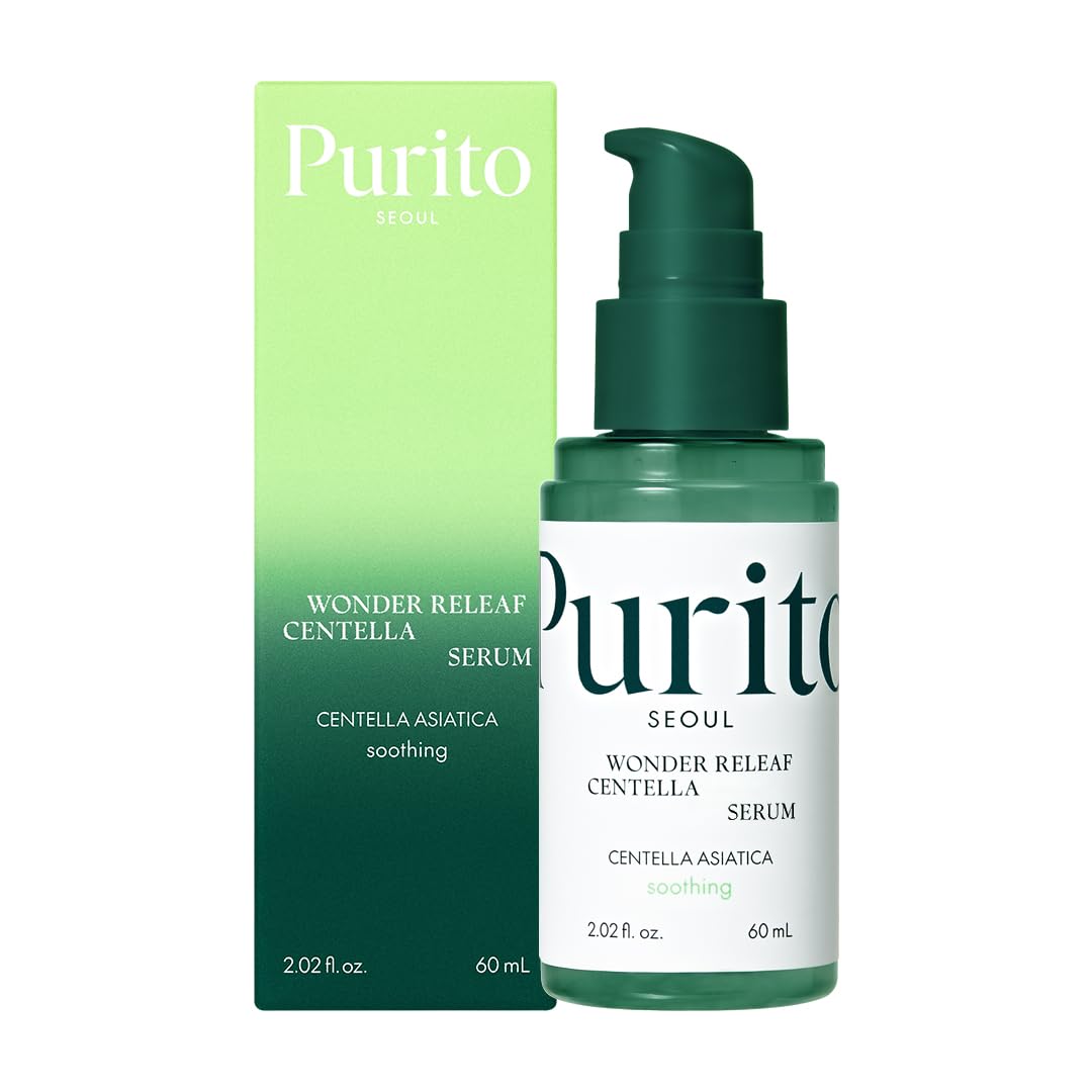 Purito Centella Unscented Serum bottle with dropper, clear packaging, and minimalist label, displayed on a neutral background.