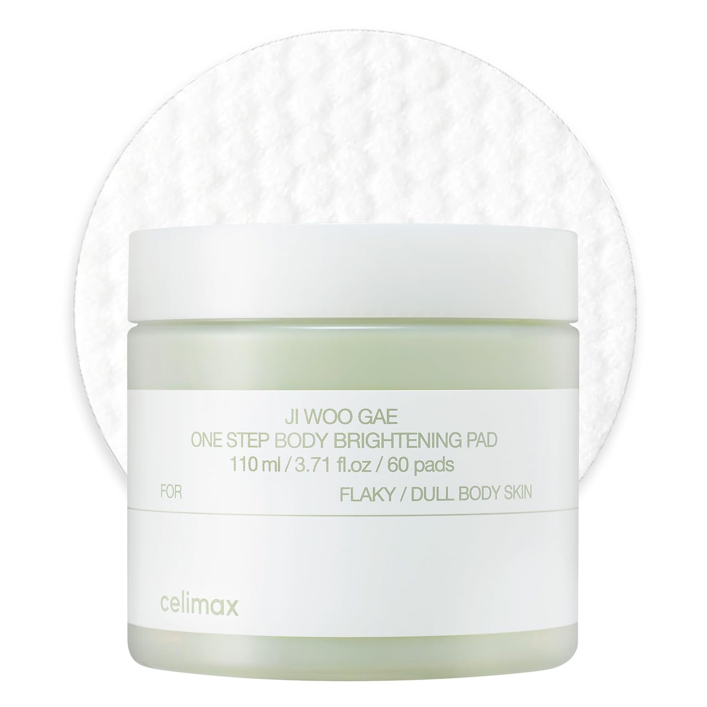 Celimax One Step Body Brightening Pad showing a close-up of the toner pad with brightening ingredients and packaging.