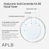 APLB Hyaluronic Acid Ceramide HA B5 Facial Toner bottle with clear liquid, label showing product name and ingredients for skincare.