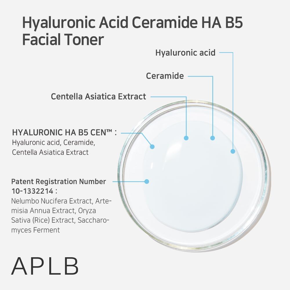 APLB Hyaluronic Acid Ceramide HA B5 Facial Toner bottle with clear liquid, label showing product name and ingredients for skincare.