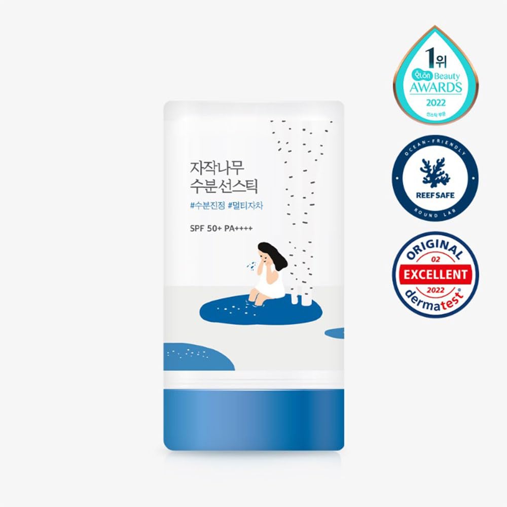 ROUND LAB Birch Juice Moisturizing Sun Stick SPF50+ PA+++ with 19g, showing the compact, round sunscreen stick with branding and product details.