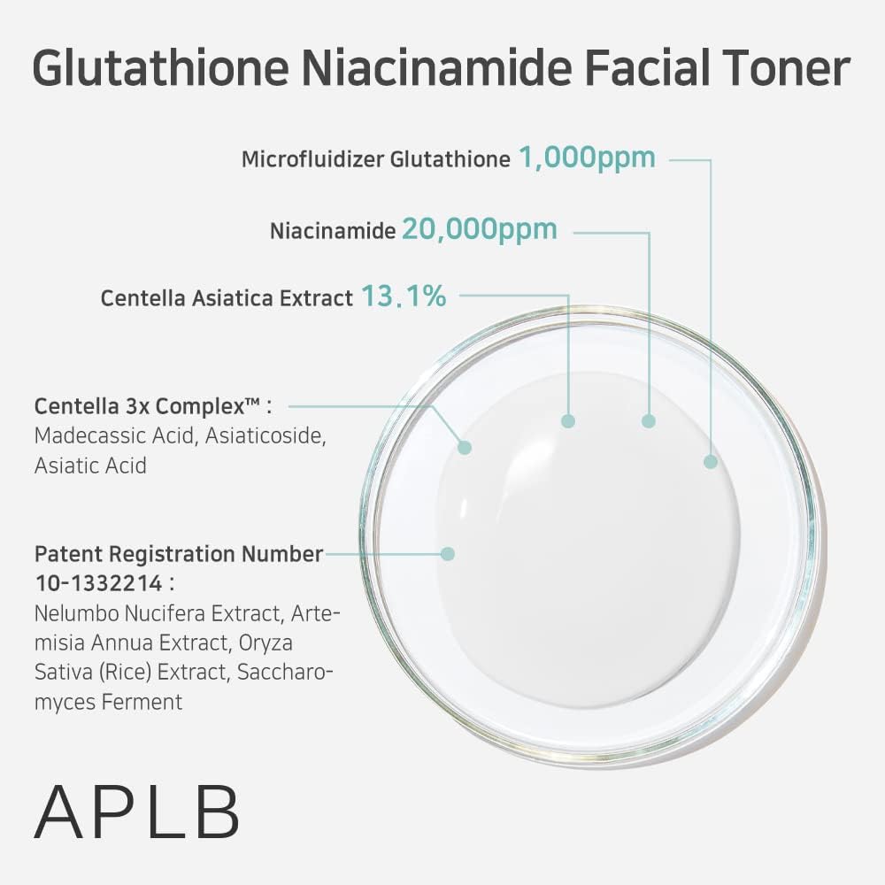 APLB Glutathione and Niacinamide Facial Toner in a clear bottle with a white cap, showcasing a skincare product for brightening and cleansing.