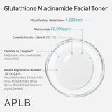 APLB Glutathione and Niacinamide Facial Toner in a clear bottle with a white cap, showcasing a skincare product for brightening and cleansing.