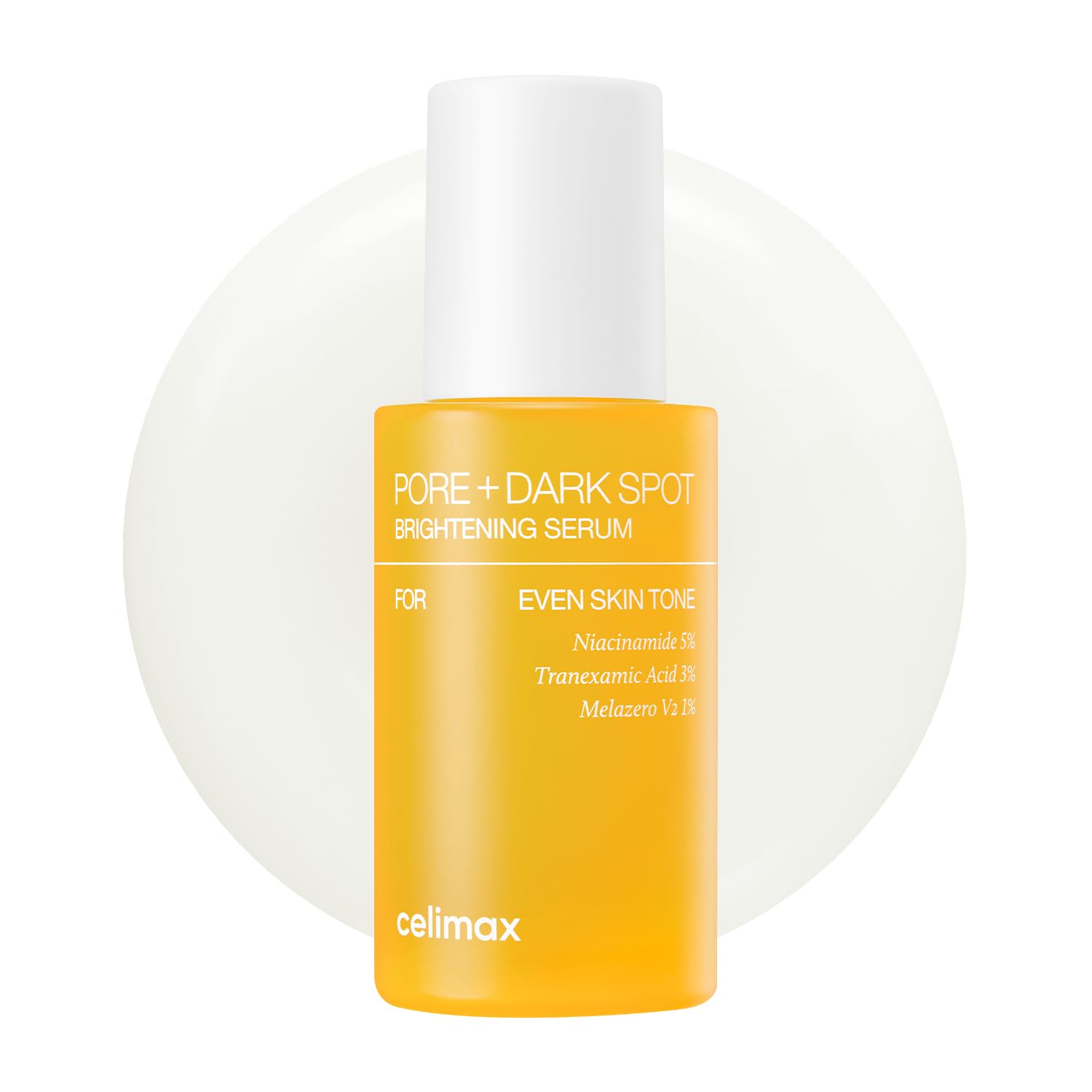 Celimax Pore Dark Spot Brightening Serum Gel in a clear tube, showing its smooth gel texture and brightening formula for skin.