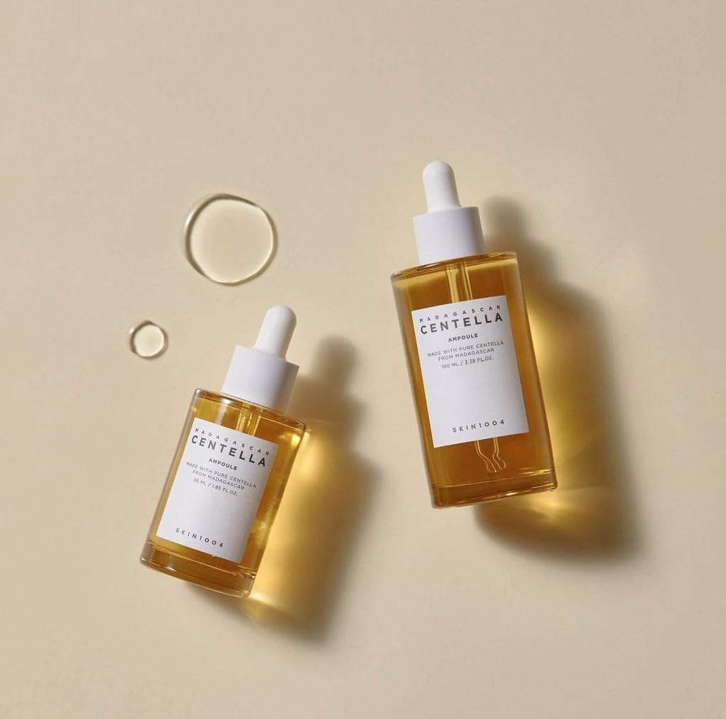 SKINZA Madagascar Centella Ampoule bottle with label, clear glass container showcasing skincare product for soothing and healing skin.