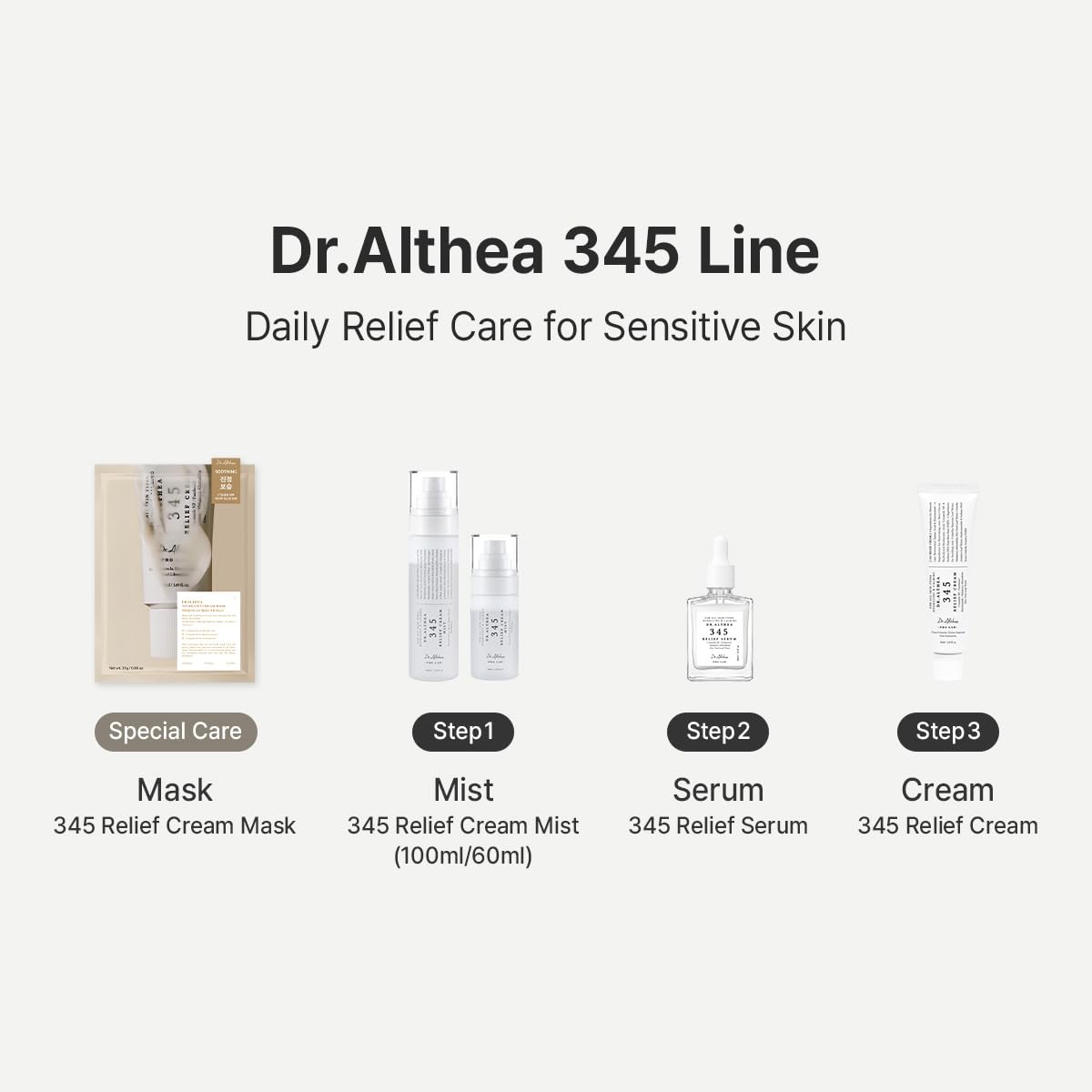 Dr. Althea 345 Relief Cream Toner Mist bottle, hydrating skincare toner with soothing ingredients in a clear spray bottle.